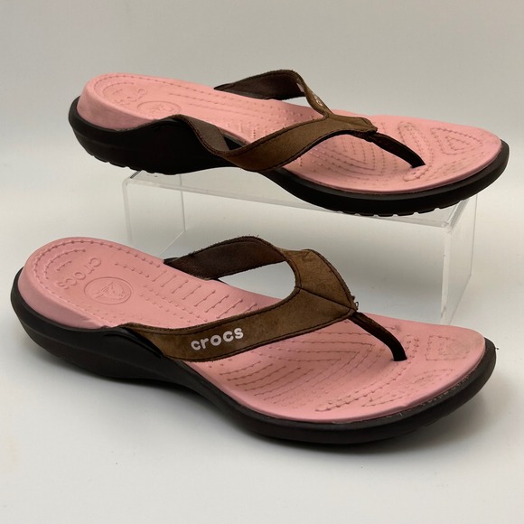 CROCS Shoes - Crocs Capri IV Flip Flop Women 10 Brown Pink Suede Leather Strap 11211 Gorpcore